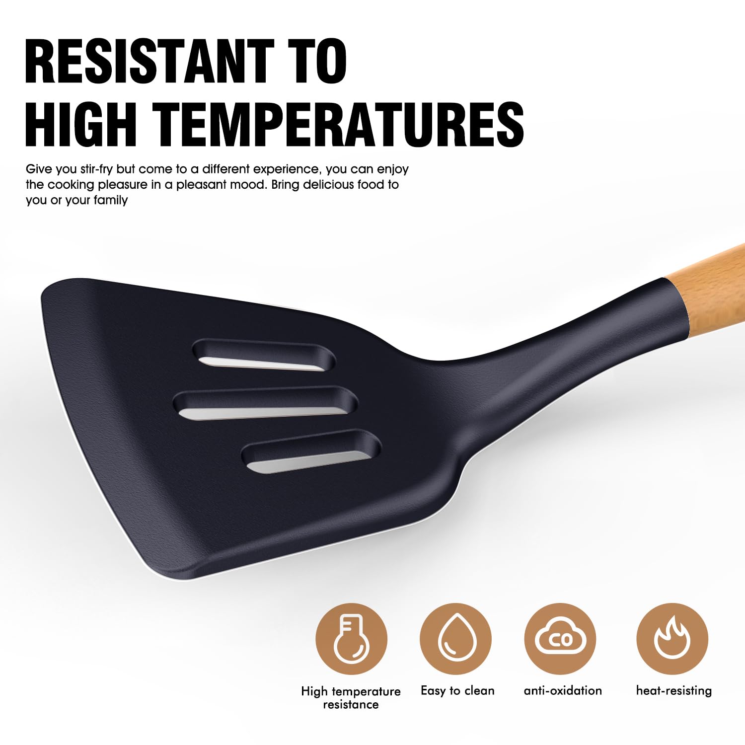 AVGPD navy blue deep soup ladle with wooden handle serving hot soups.