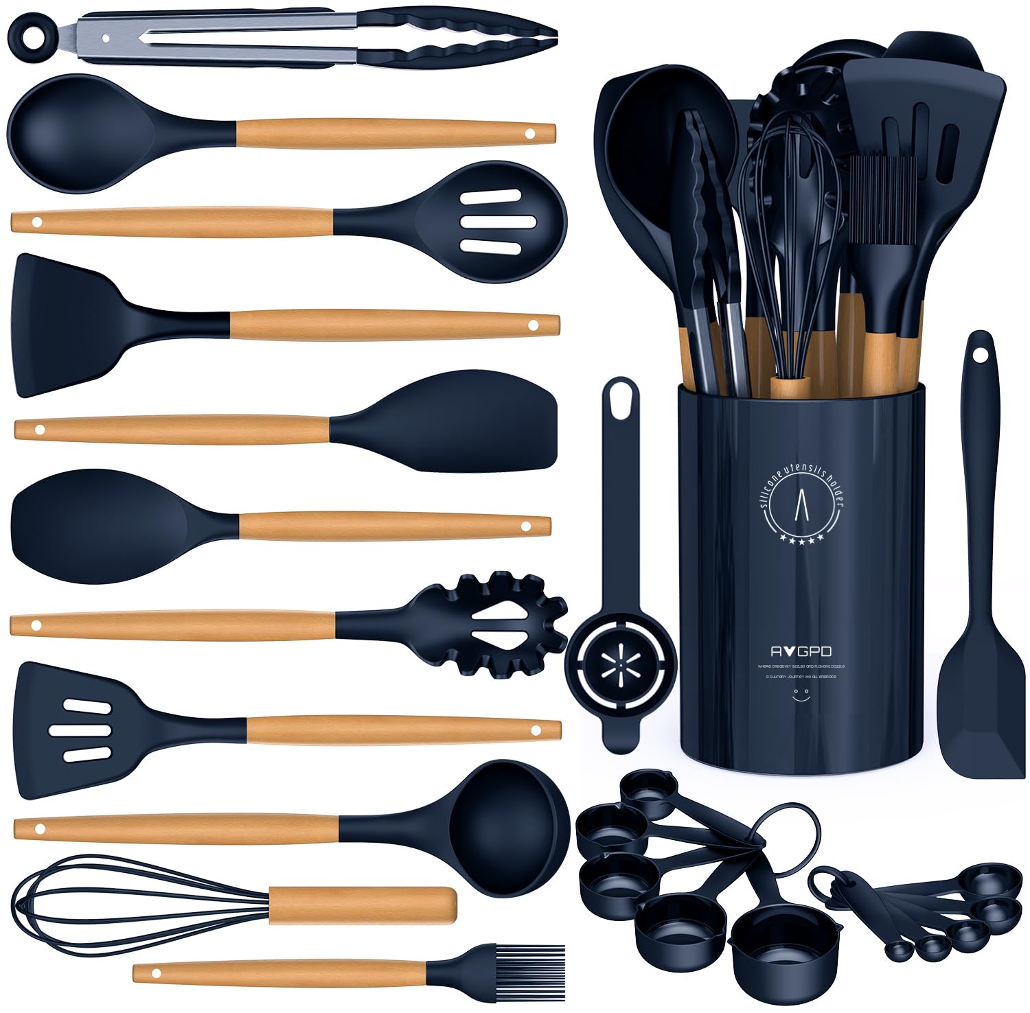 AVGPD silicone utensils in navy blue with wooden handles protect non-stick cookware.