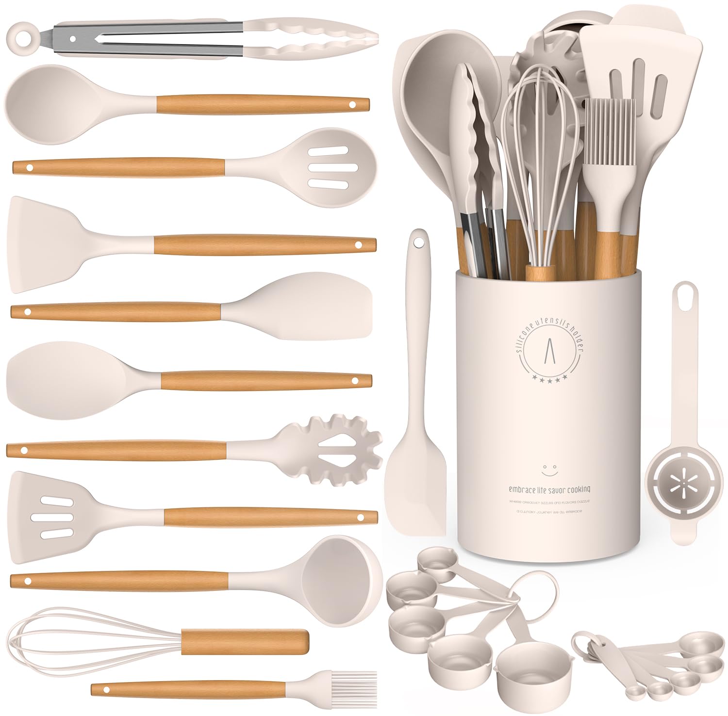 AVGPD silicone utensils with wooden handles, durable and safe for non-stick cookware