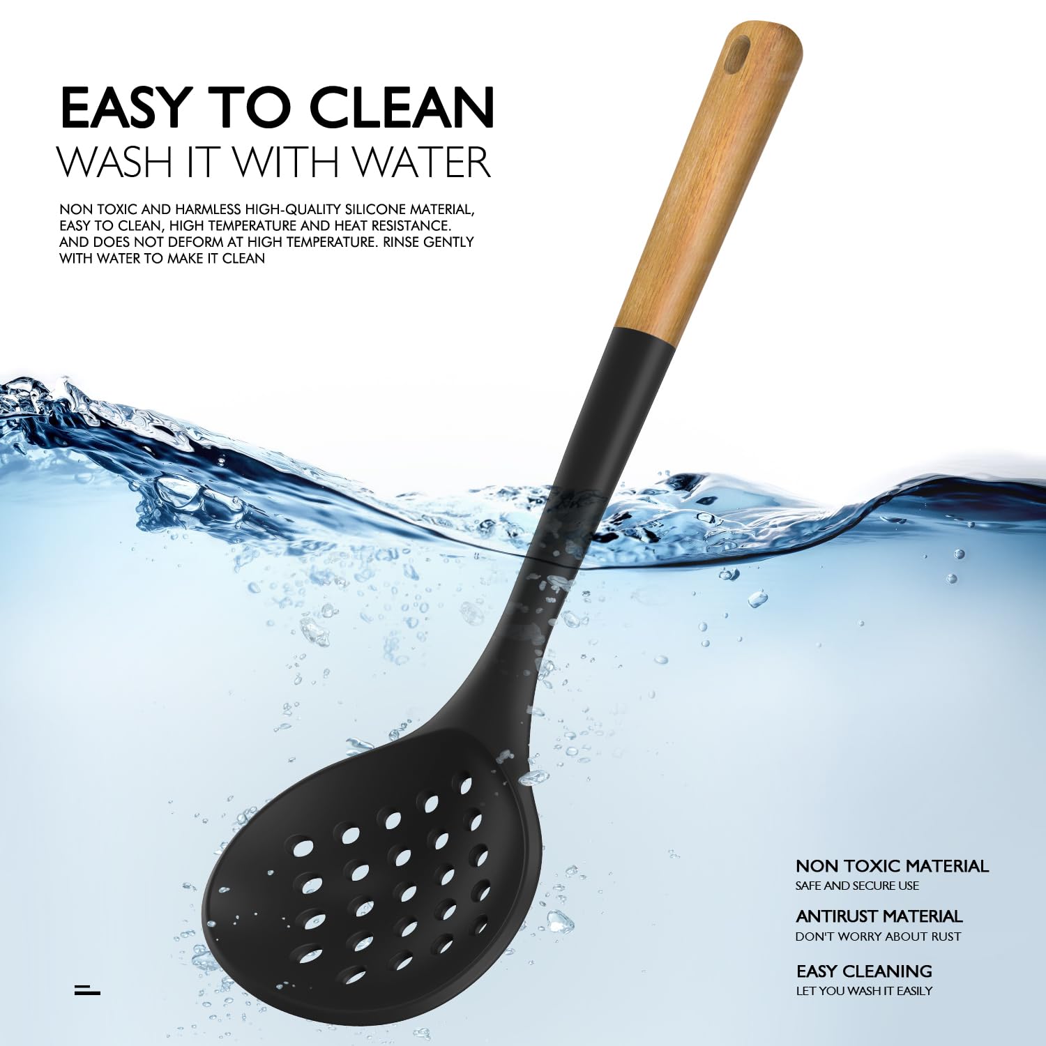AVGPD silicone spoon with wooden handle, versatile for cooking.