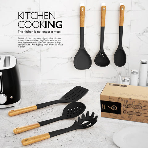 AVGPD silicone tongs with wooden ends, safe for non-stick surfaces.