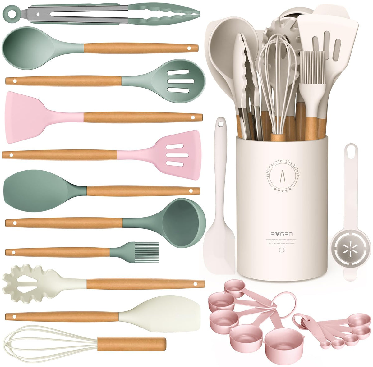 AVGPD silicone utensils set with wooden handles, ideal for protecting non-stick cookware.