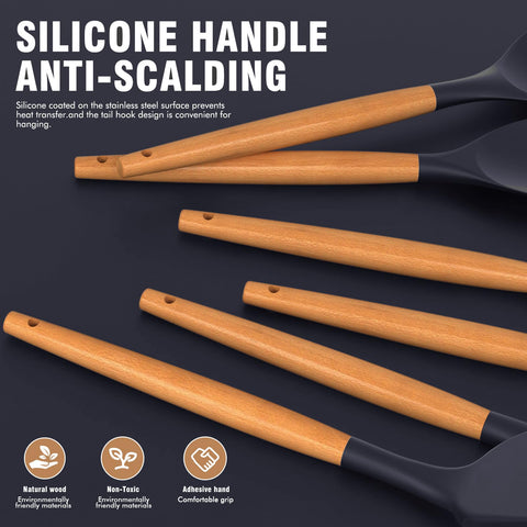 AVGPD navy blue slotted turner with wooden handle for flipping and draining.