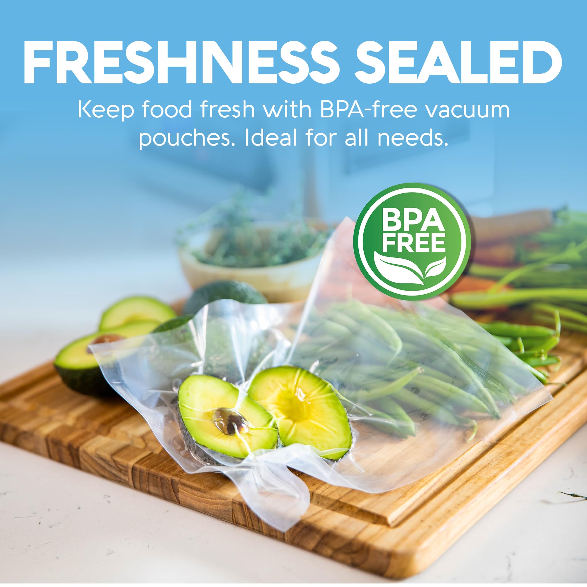 Avid Armor BPA-free vacuum bags shown for freezer storage and safe handling.