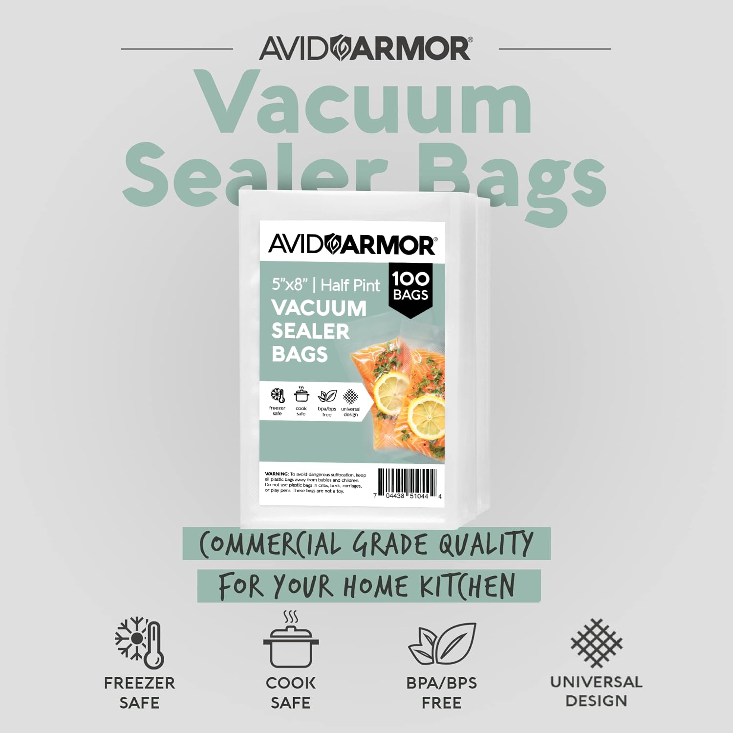 Avid Armor embossed vacuum seal pouches provide airtight freshness for meat, fish, and produce