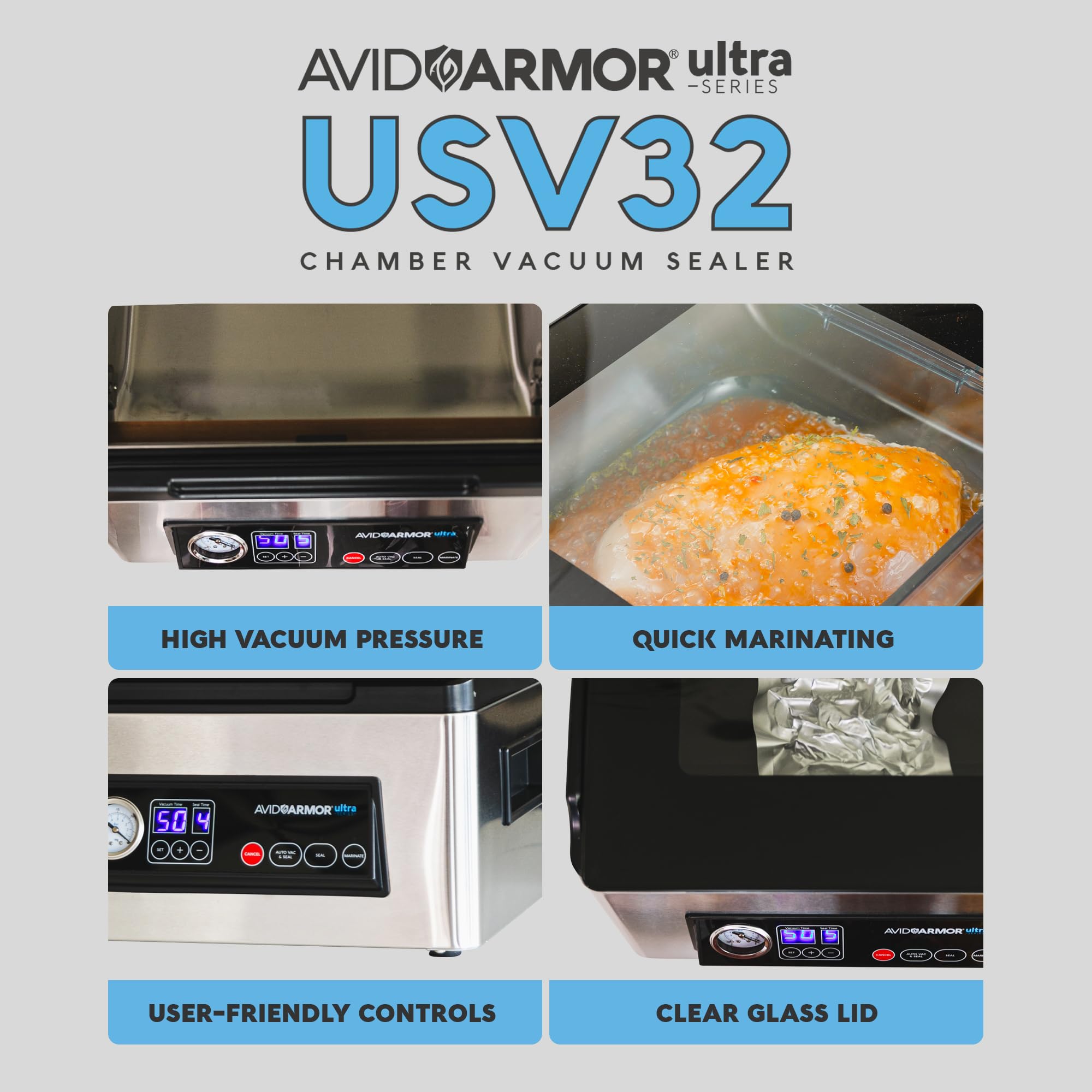 Avid Armor USV32 marination in chamber enhances flavor infusion safely.