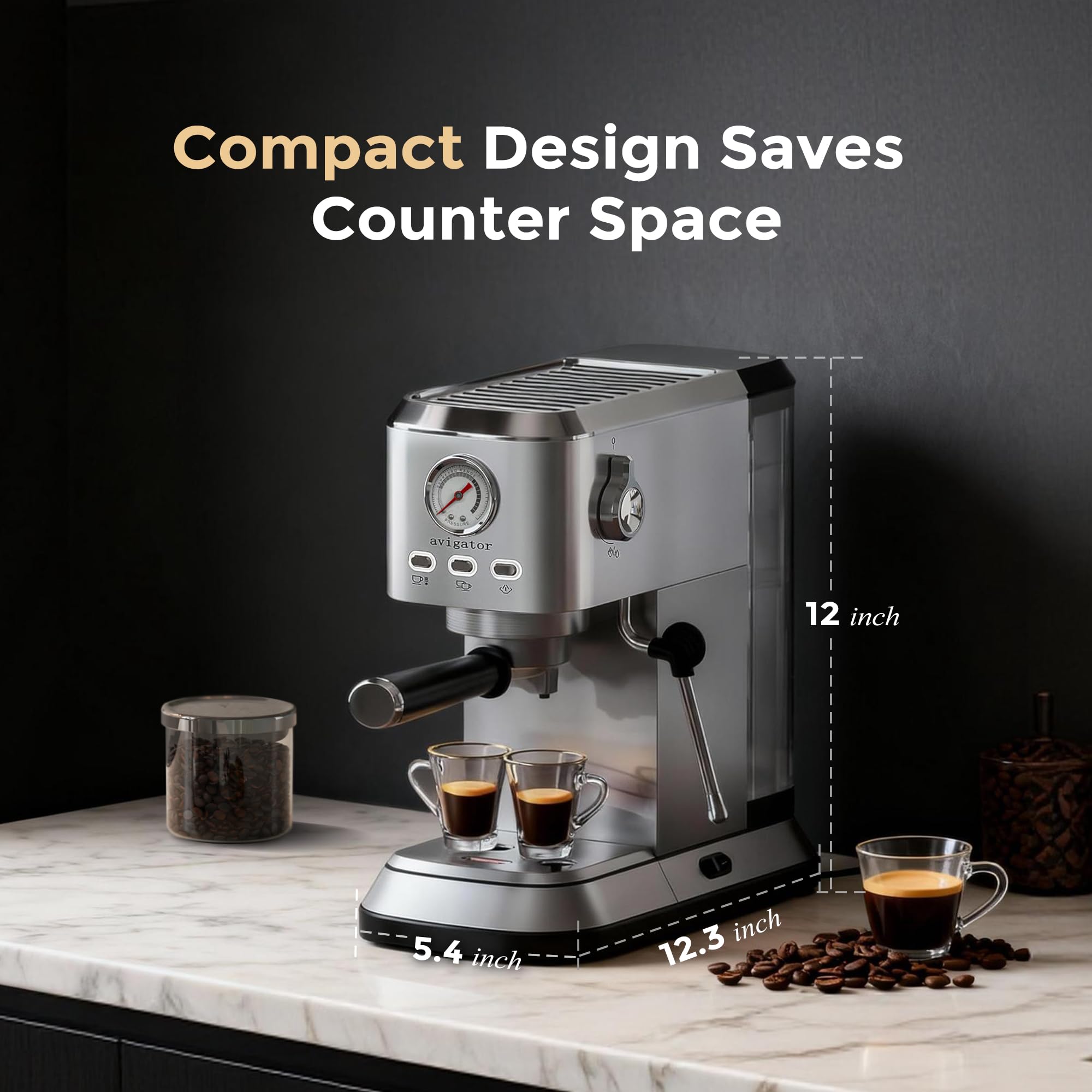 Avigator espresso machine for dorm or office, space-saving countertop companion.