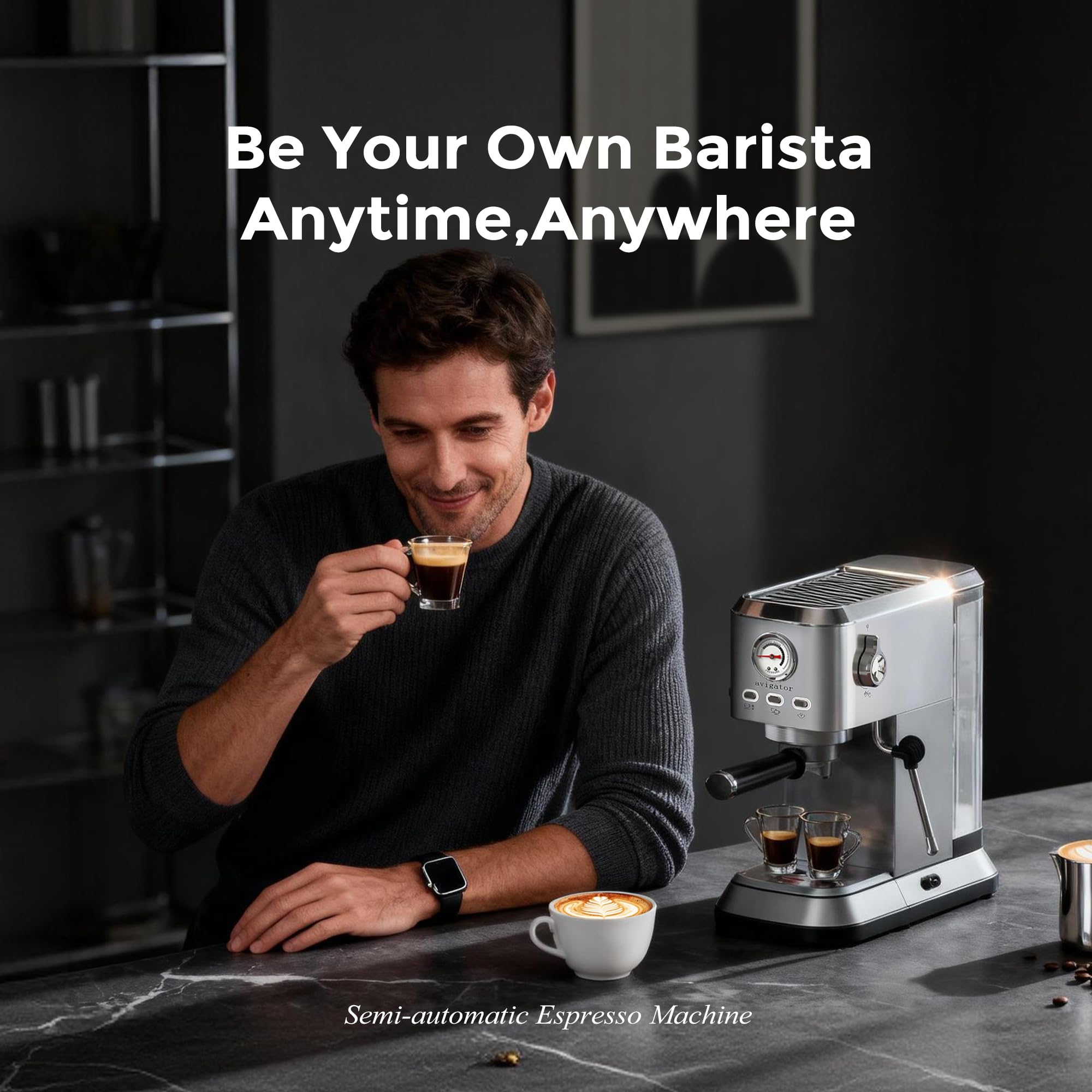 Avigator espresso machine fast heat system reduces wait between shots.