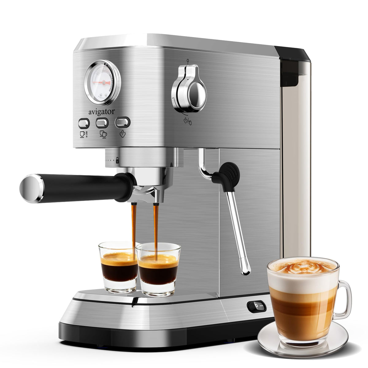 Avigator espresso machine front view, compact design ideal for small kitchens.