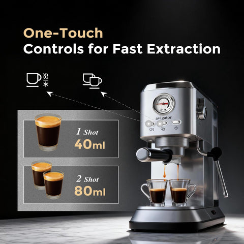 Avigator espresso machine side view, 20-bar pump for rich crema.