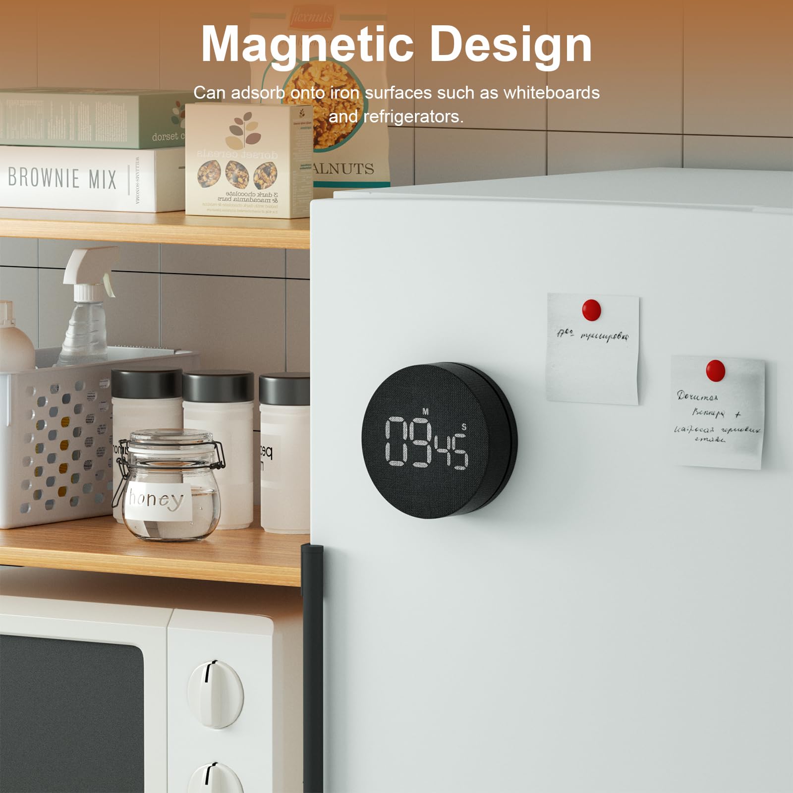 AVINIA desk timer with magnetic attachment on a fridge.