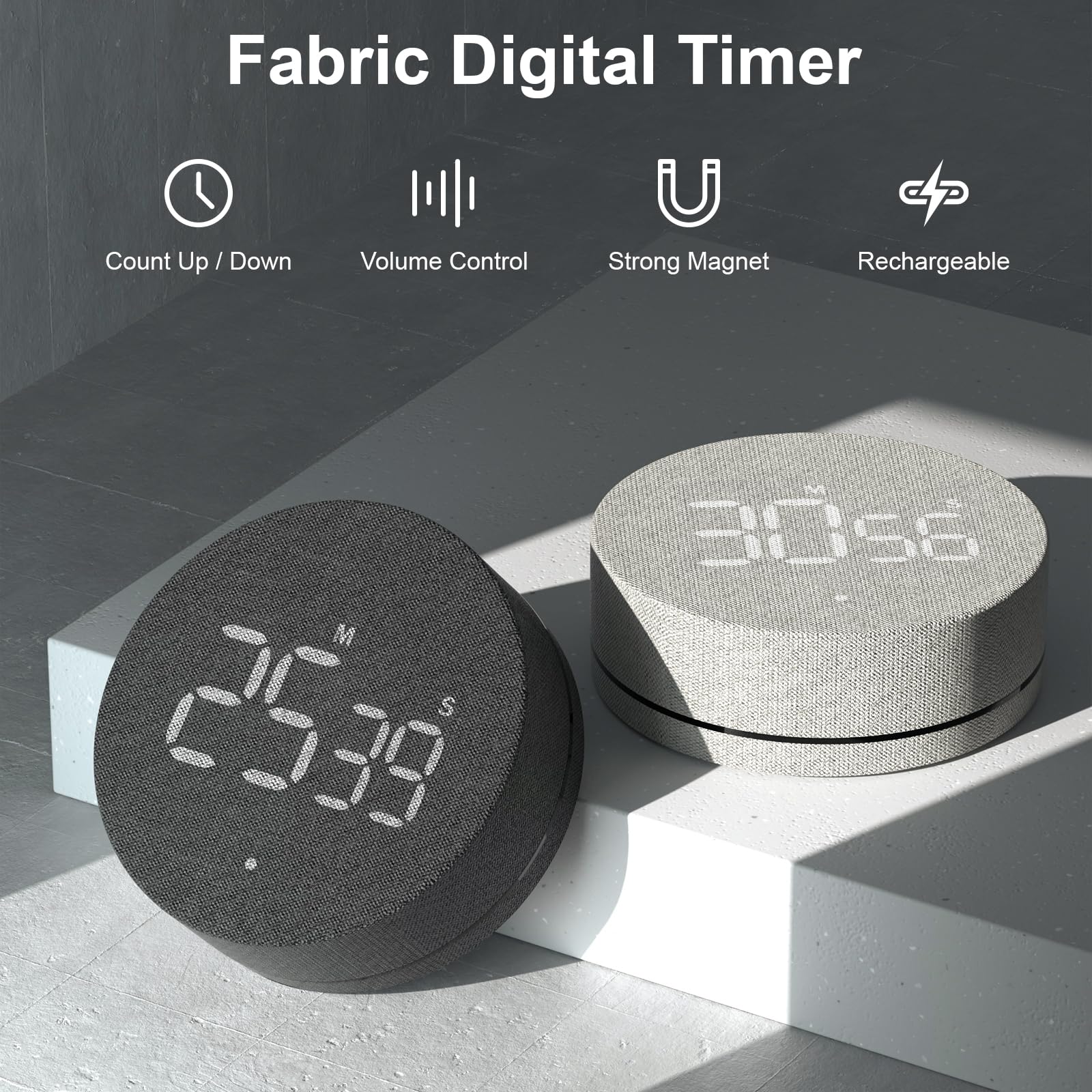 Back view of AVINIA desk timer showing fabric texture and compact form.