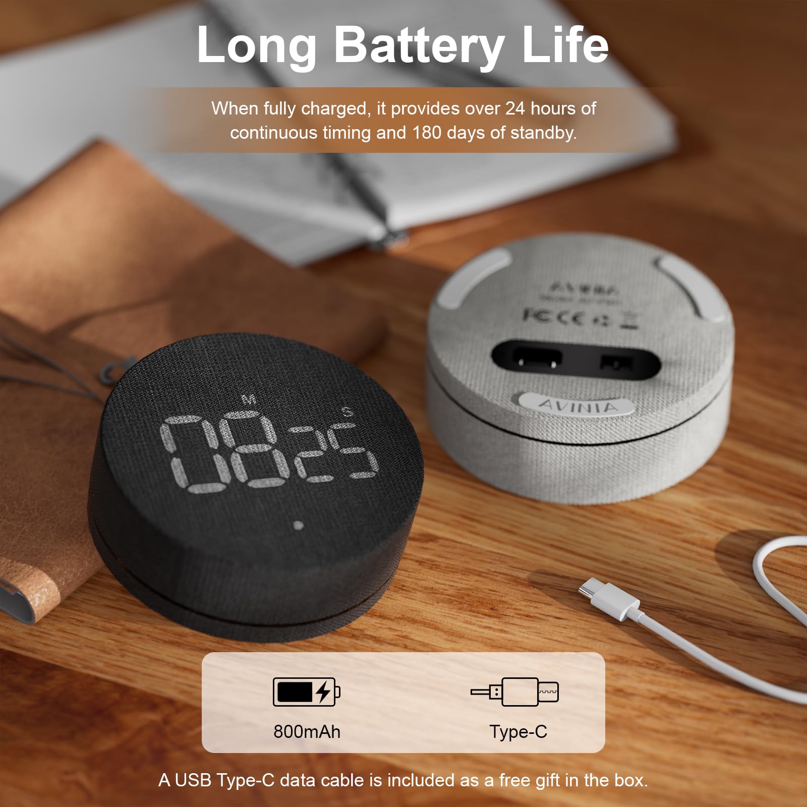 Elegant AVINIA desk timer design suited for kitchen and desk spaces.