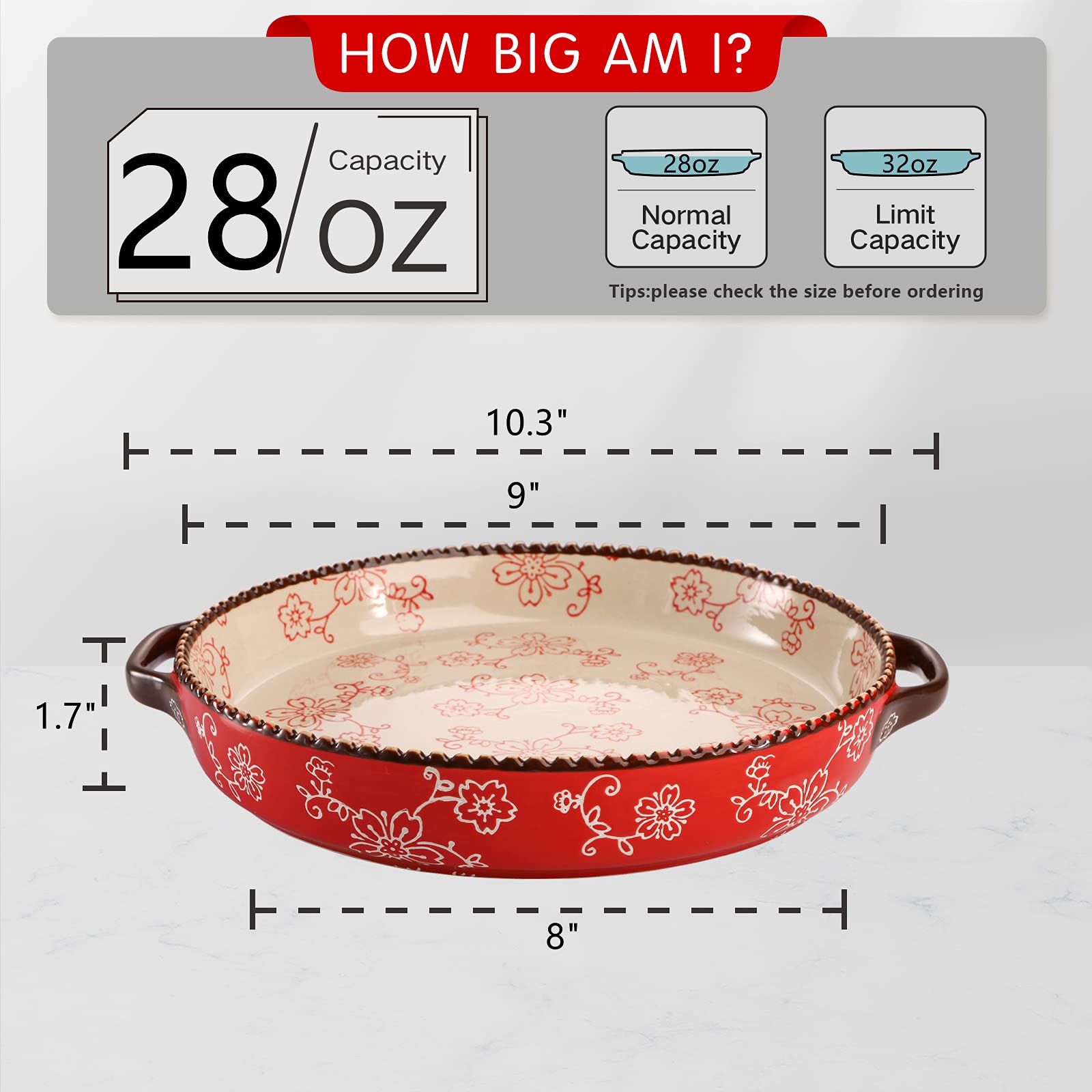 AVLA Sakura Red 9-inch pie pan with double handles for easy serving