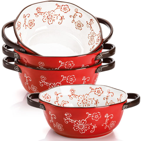 AVLA 4-pack ceramic soup bowls with double handles for easy serving.