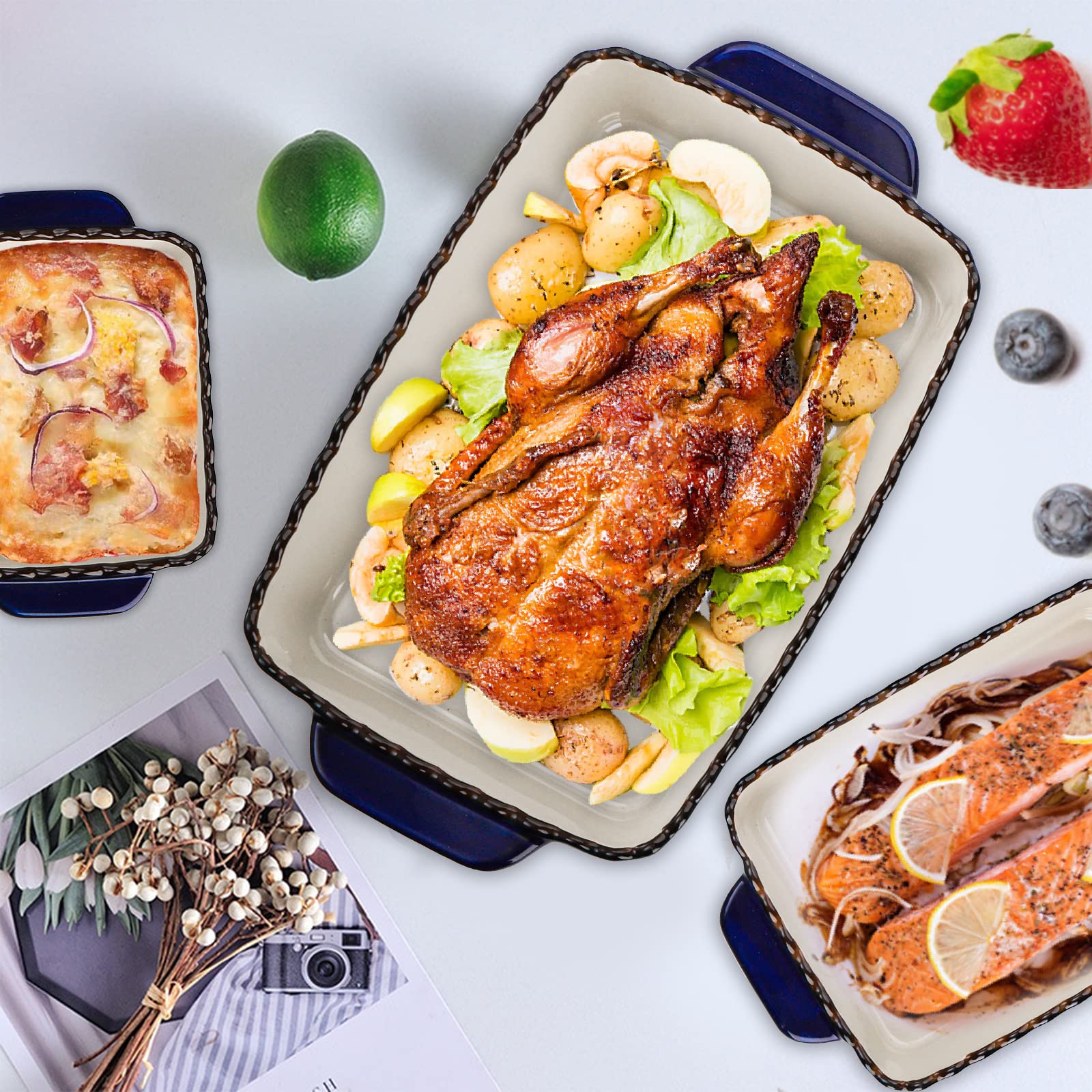 Elegant cobalt blue AVLA bakeware enhances table presentation during meals.