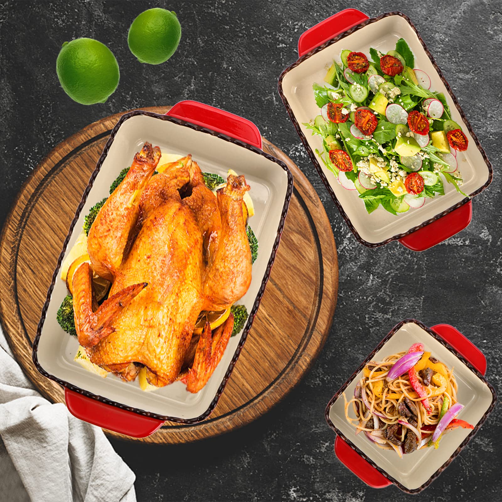 AVLA porcelain bakeware with double handles for easy oven to table transfer.