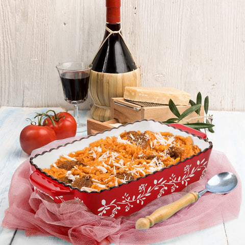 AVLA textured red glaze adds visual appeal and keeps servings warm.