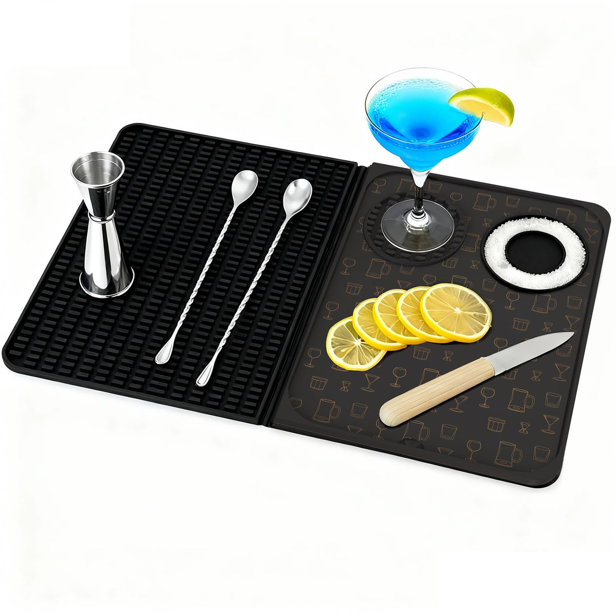 AVlovasd Bar Mat Countertop Open provides a versatile cocktail prep space on the counter.