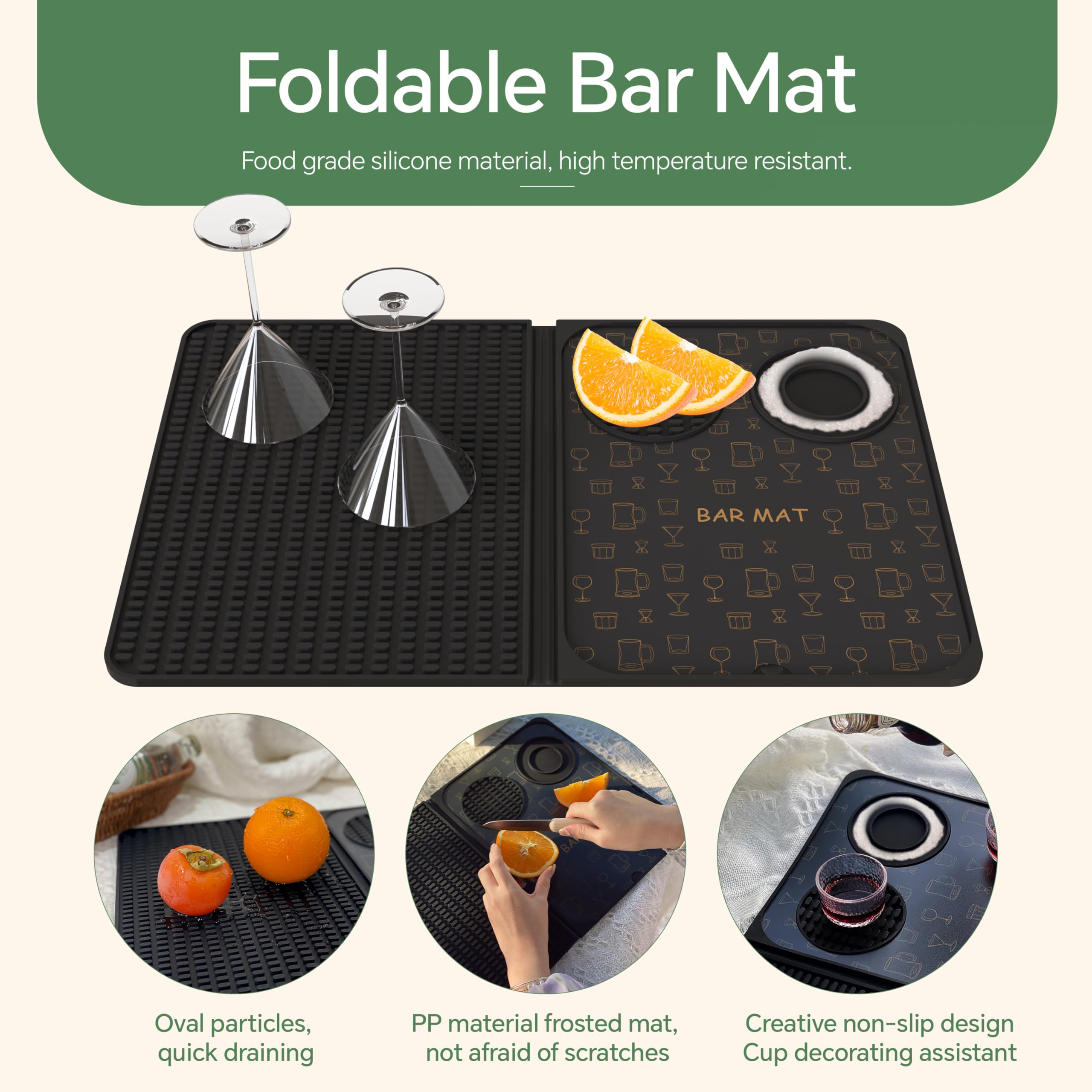AVlovasd Bar Mat with Removable Cutting Board enables quick garnish prep.