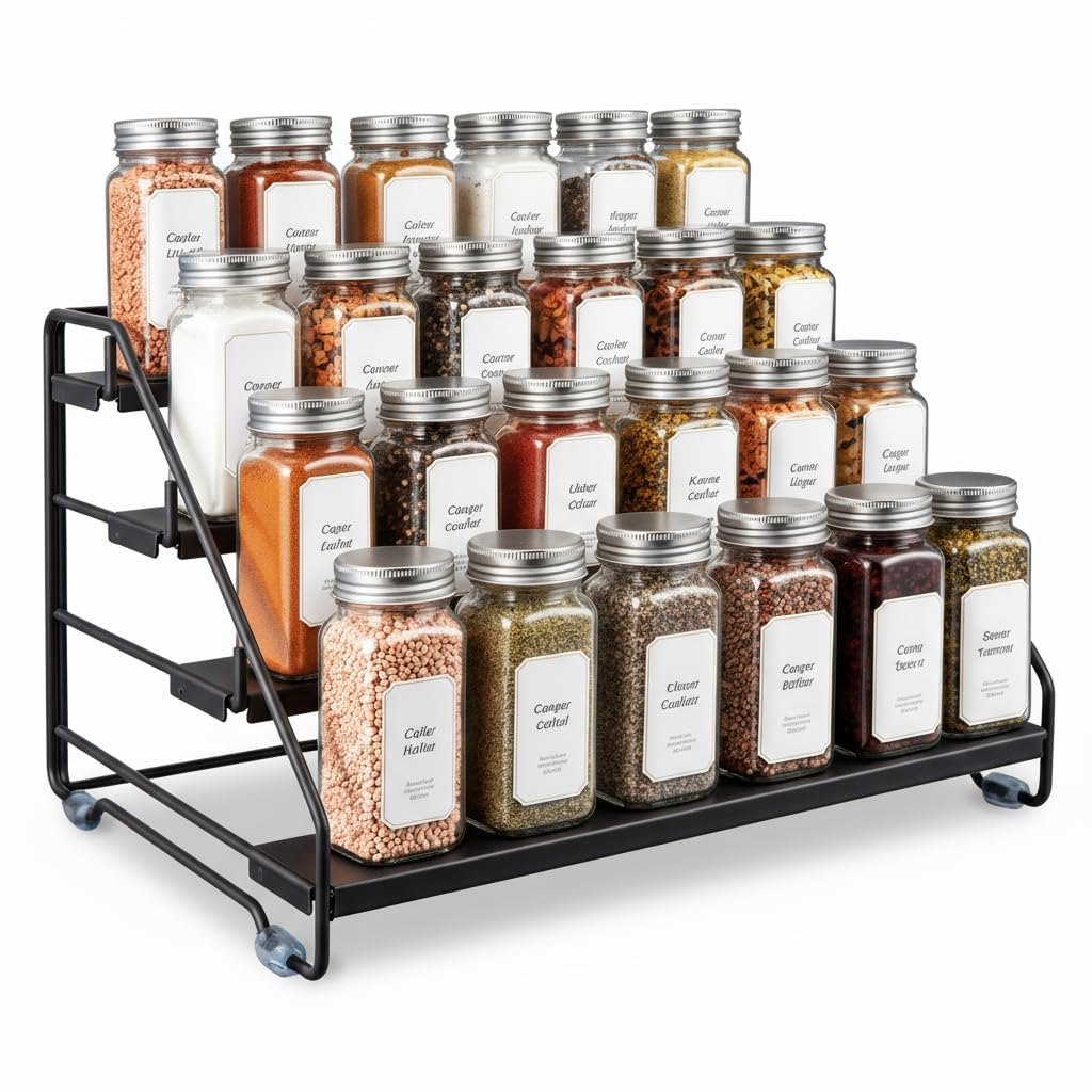 AVMDOM 4-tier spice rack shows adjustable depth for different jar sizes