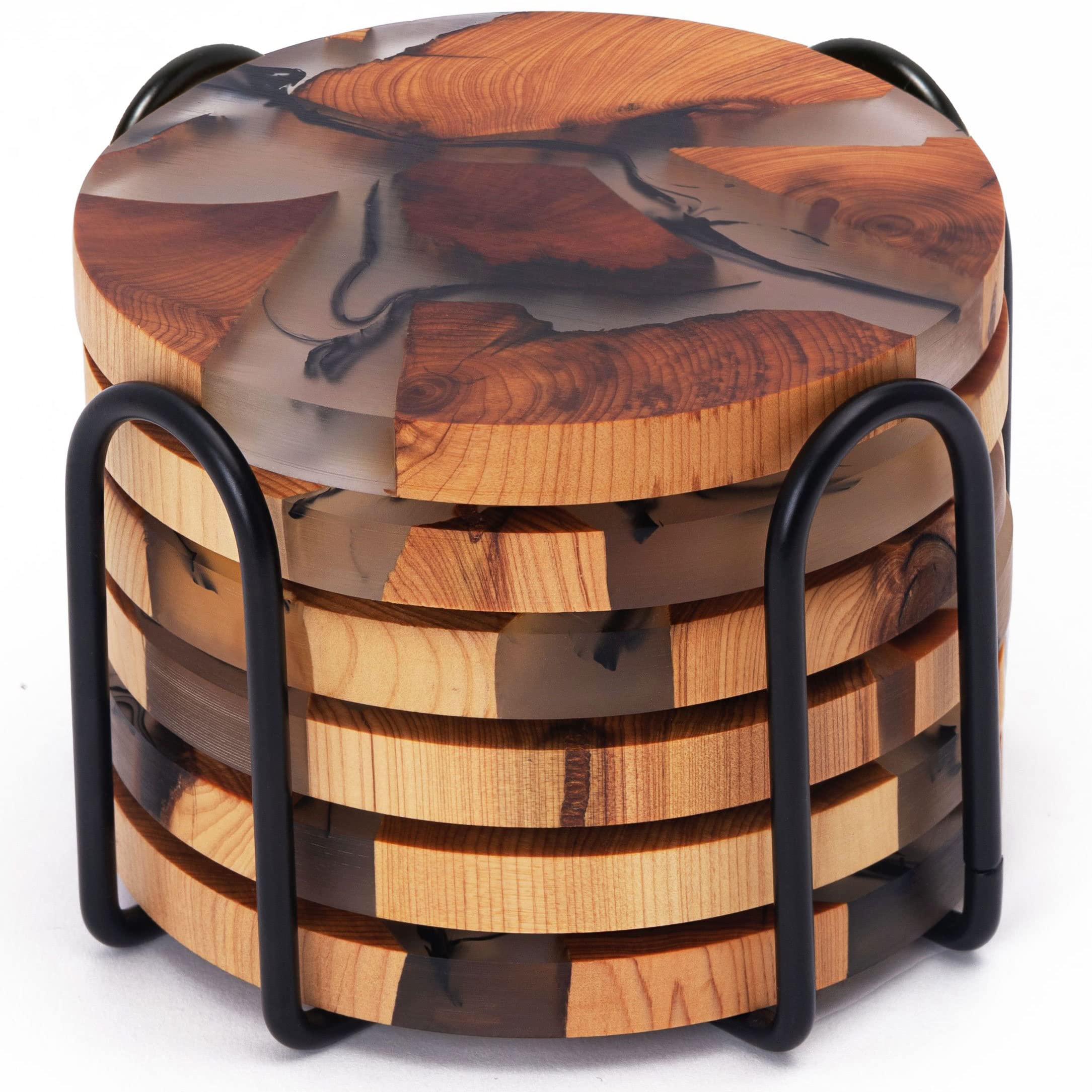 Avocrafts coaster-set with holder shows cedar grain and surface protection.