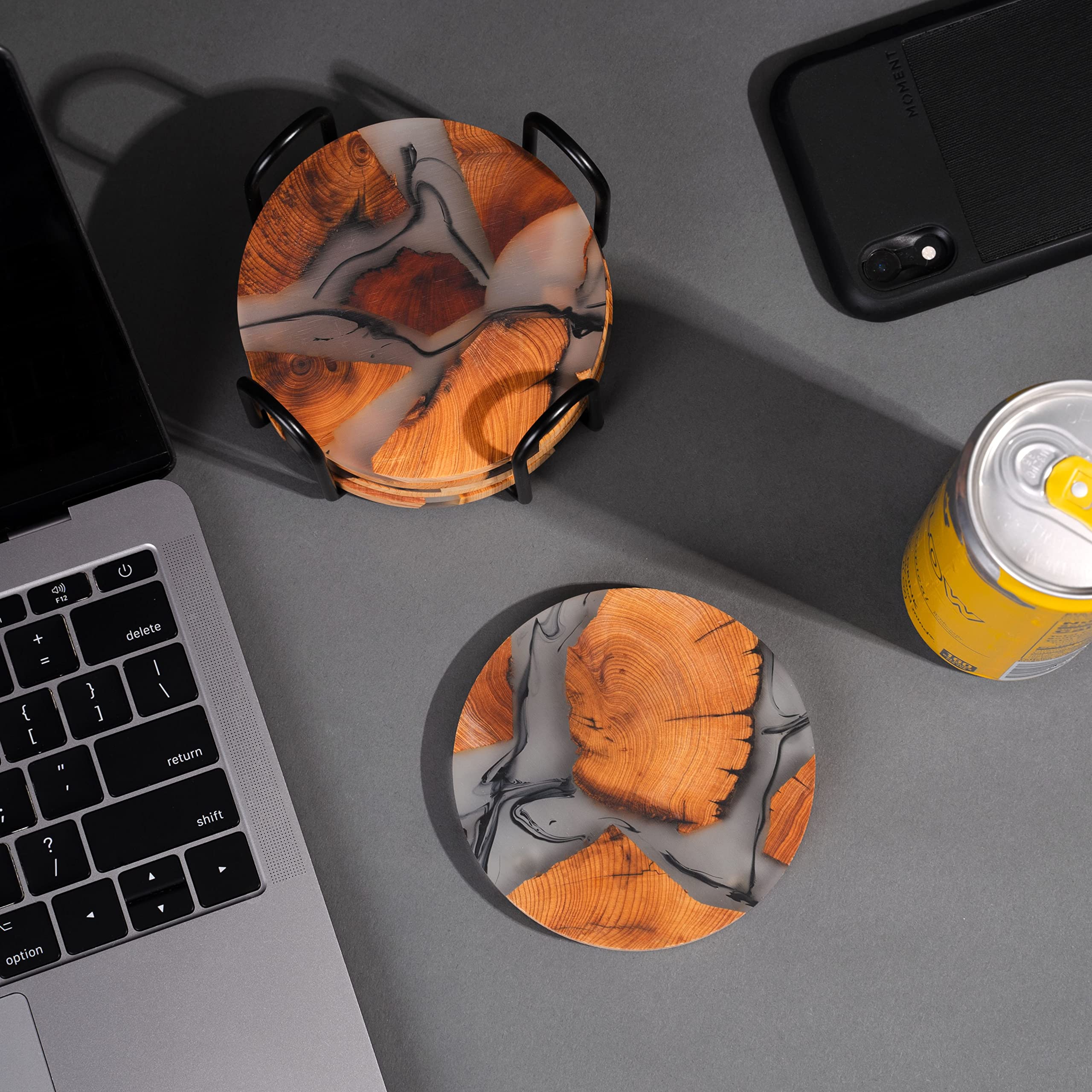 Avocrafts holder with six coasters shows organized, stylish entertaining setup.
