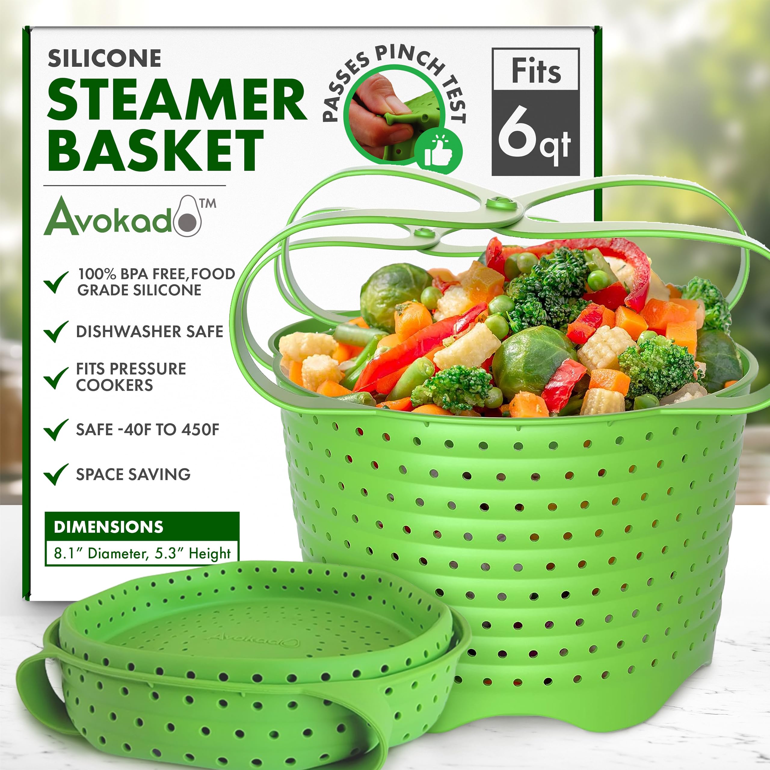 Avokado silicone steamer basket in 6qt size ready for quick meals and easy cleanup.