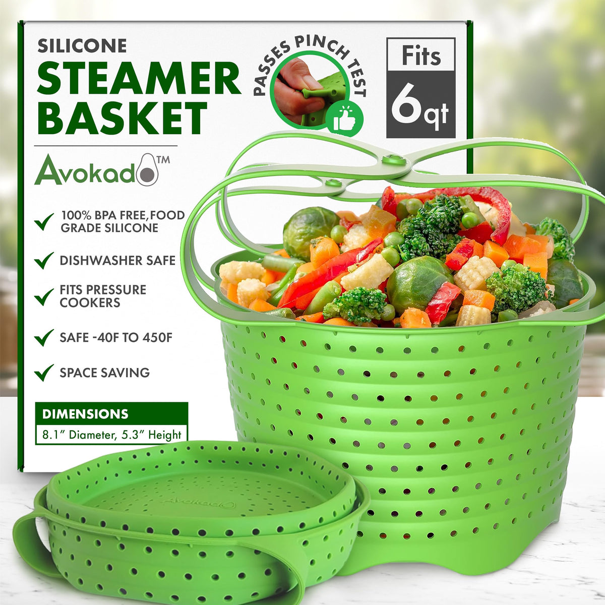 Avokado silicone steamer basket in 6qt size ready for quick meals and easy cleanup.