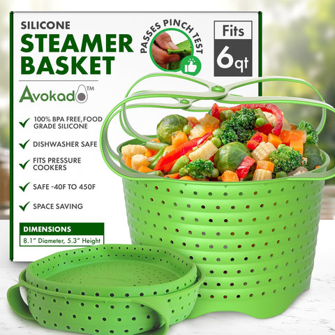 Avokado silicone steamer basket in 6qt size ready for quick meals and easy cleanup.
