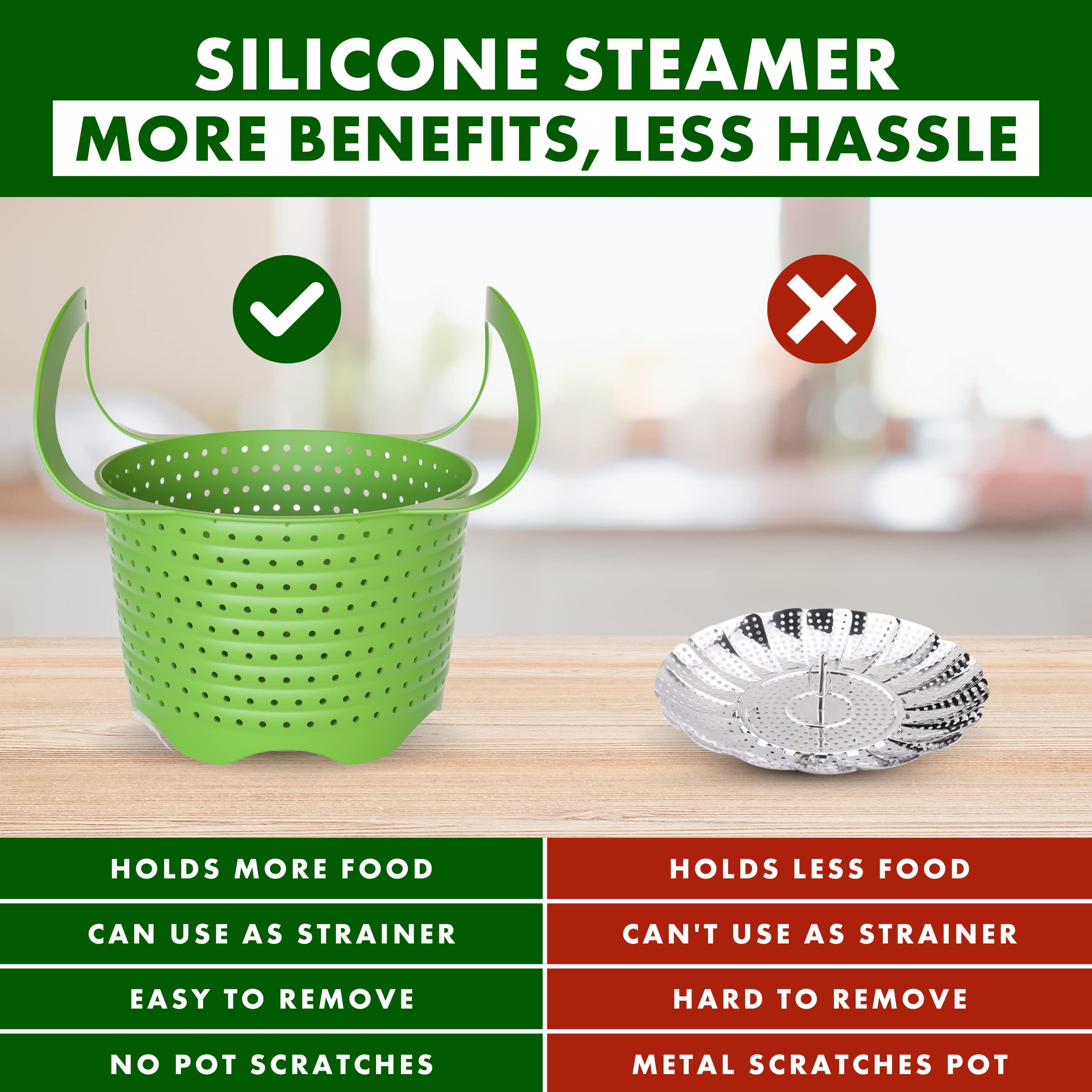 Avokado silicone steamer basket foldable design saves kitchen storage space.