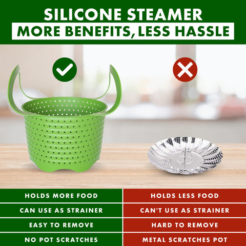 Avokado silicone steamer basket foldable design saves kitchen storage space.