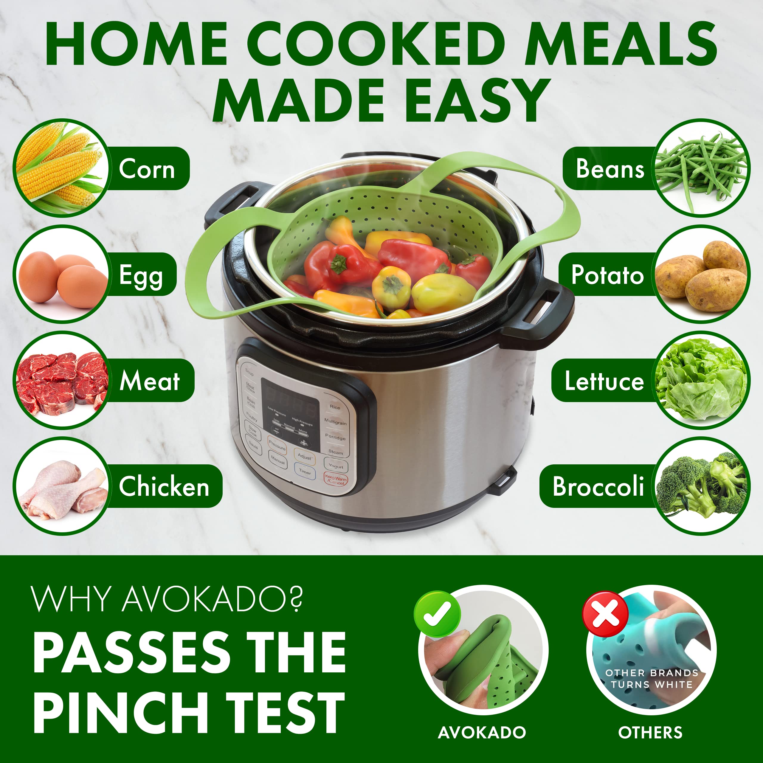 Avokado silicone steamer basket dent free, protects pots during use.