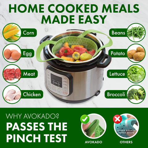 Avokado silicone steamer basket dent free, protects pots during use.