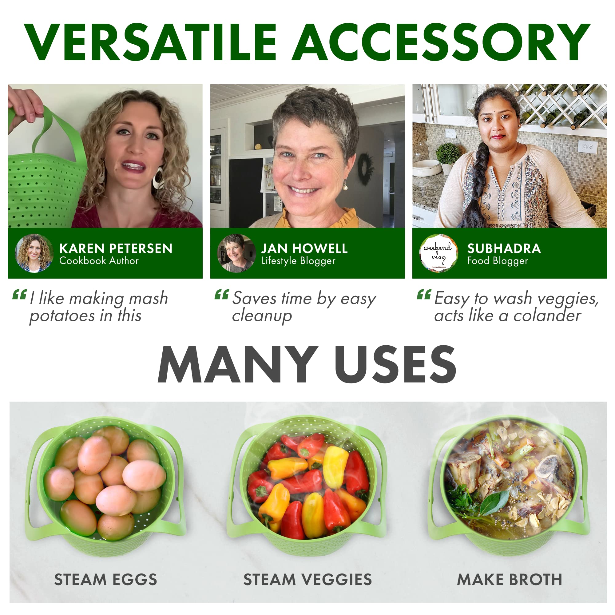Avokado silicone steamer basket rust proof design protects cookware.