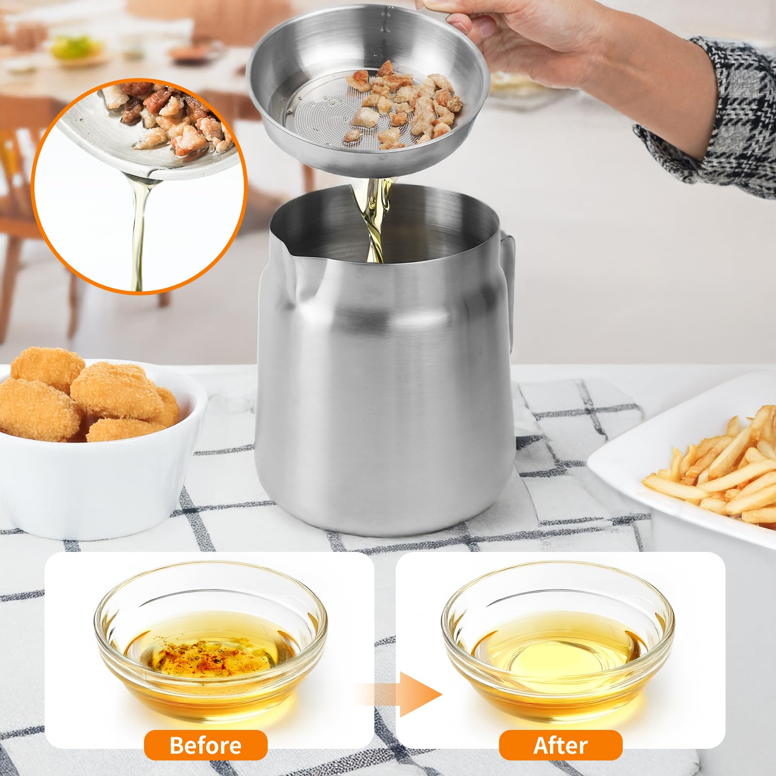AVOWB.T.Q 68oz oil filter pot with basket demonstrates convenient frying and oil reuse