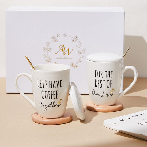 AW BRIDAL ceramic engagement mugs set with lids, ideal for couples' mornings.