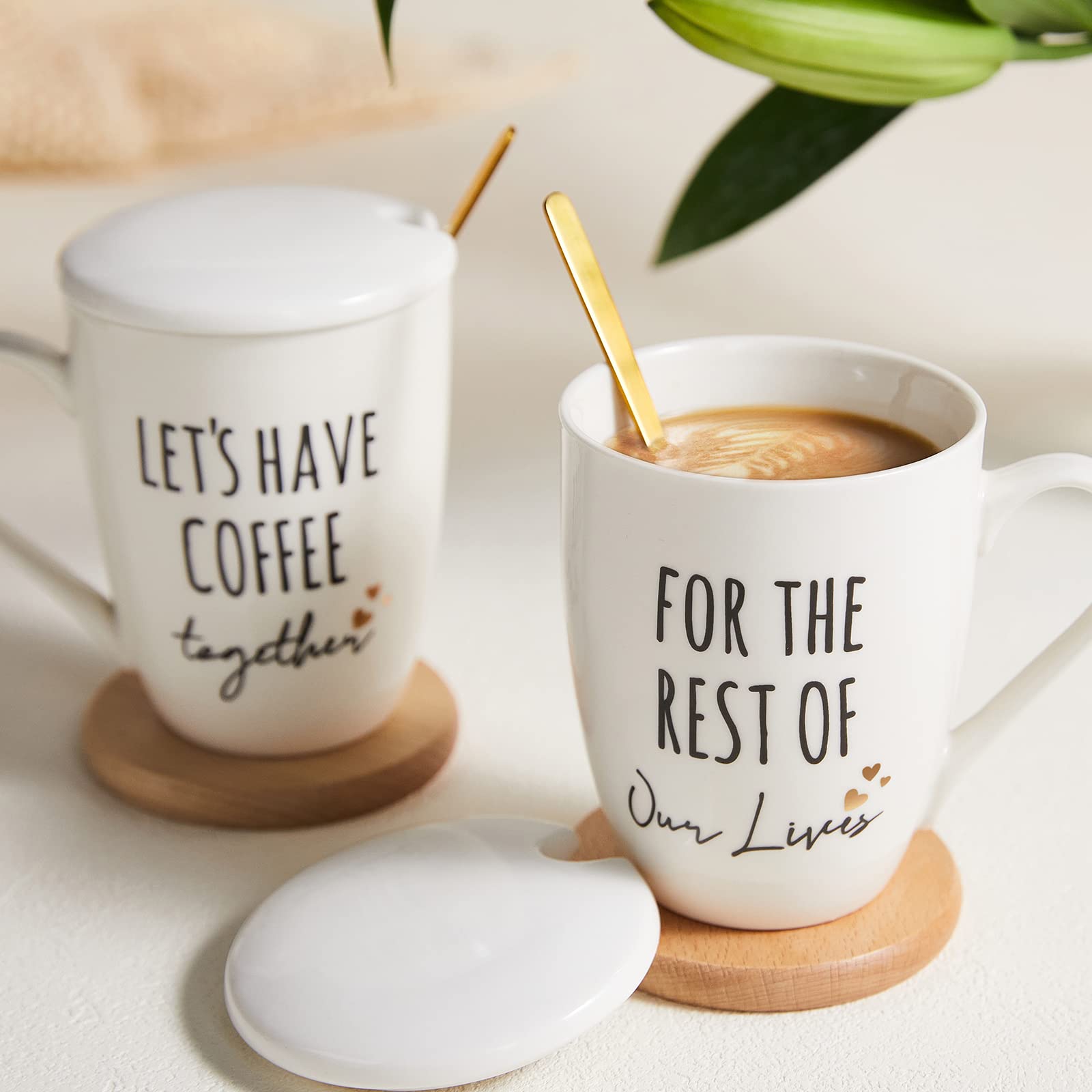 Couple enjoying coffee with AW BRIDAL mugs on a cozy date setup.