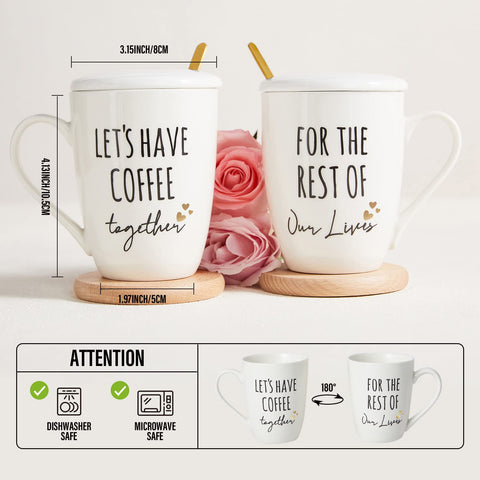 Two AW BRIDAL mugs with lids enhance couples' coffee rituals.