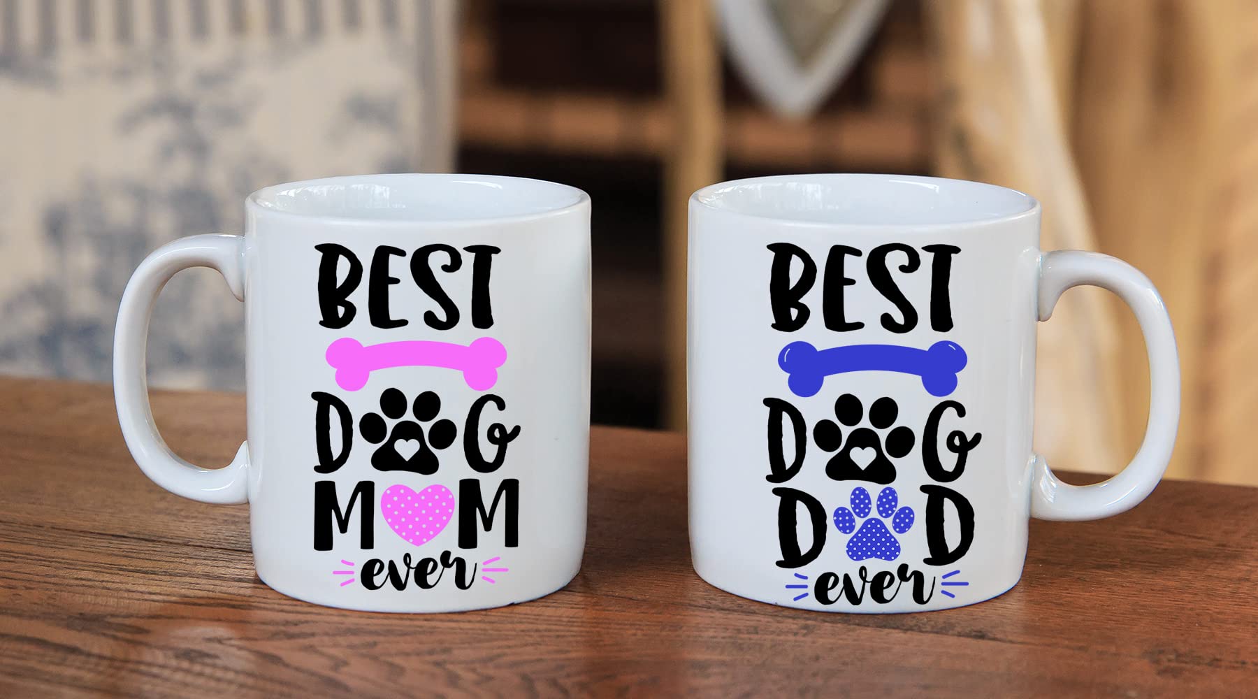 Close-up of Best Dog Mom Best Dog Dad print on AW Fashions mug.