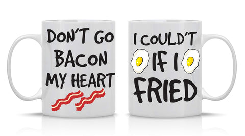 AW Fashions Don't Go Bacon My Heart mug pair front for shared coffee moments
