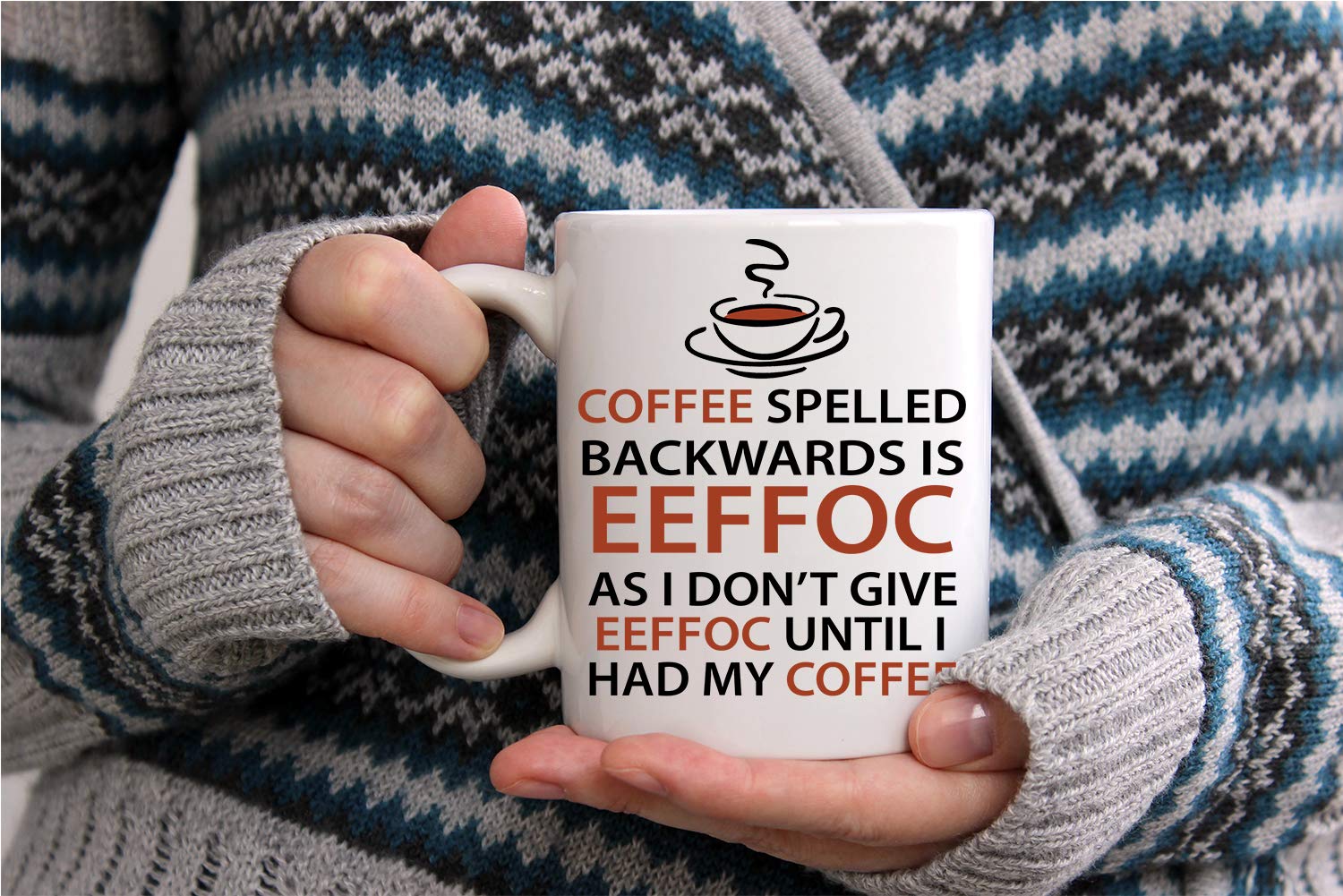 AW Fashions Eeffoc coffee mug double-sided print seen from any angle.