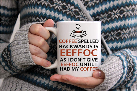 AW Fashions Eeffoc coffee mug double-sided print seen from any angle.