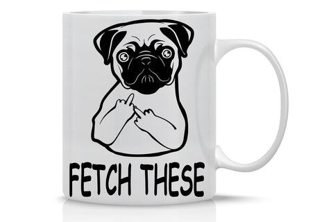 AW Fashions Fetch This Cute Dog Middle Finger mug front view for dog lovers enjoying coffee