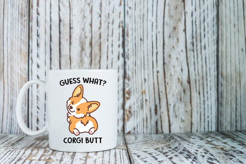 AW Fashions Guess What Corgi Butt mug on desk lifestyle setup
