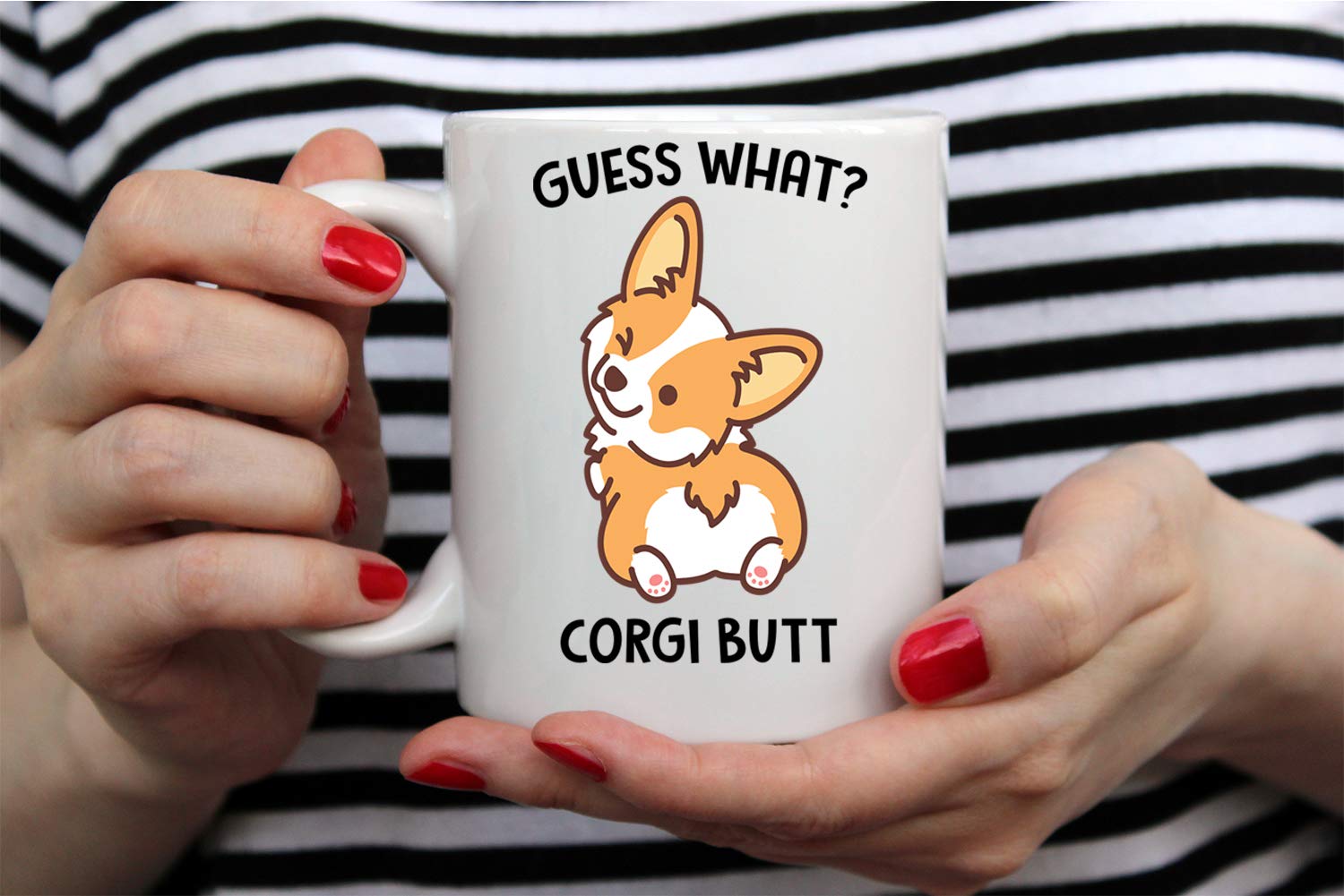 AW Fashions Guess What Corgi Butt mug packaging, ready gift presentation