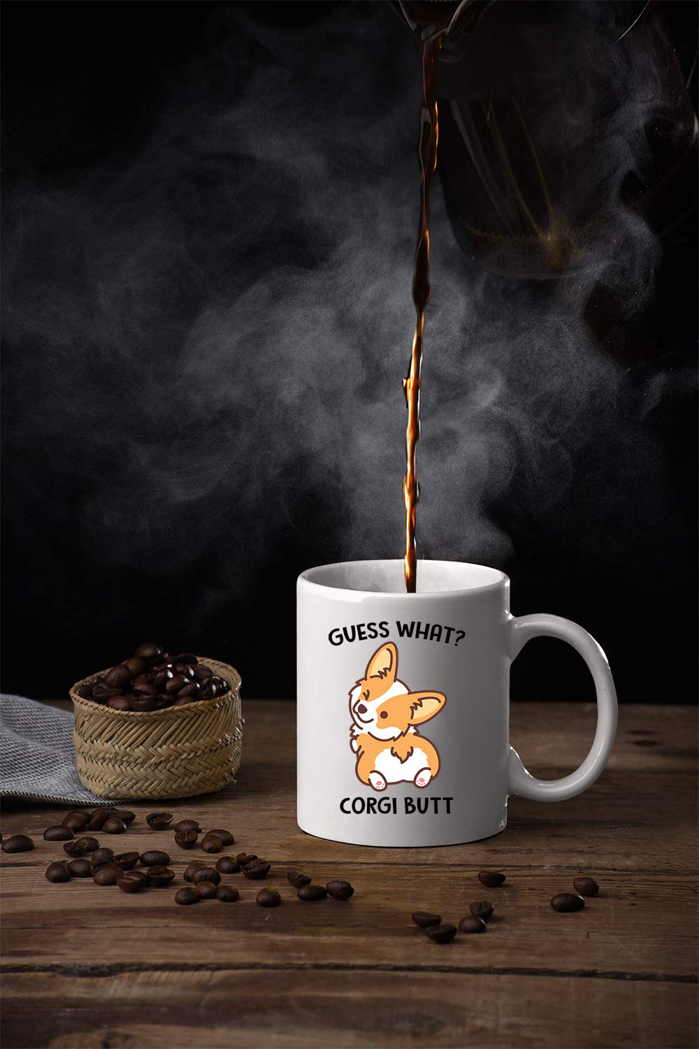 AW Fashions Guess What Corgi Butt mug side view, comfortable hold for daily use