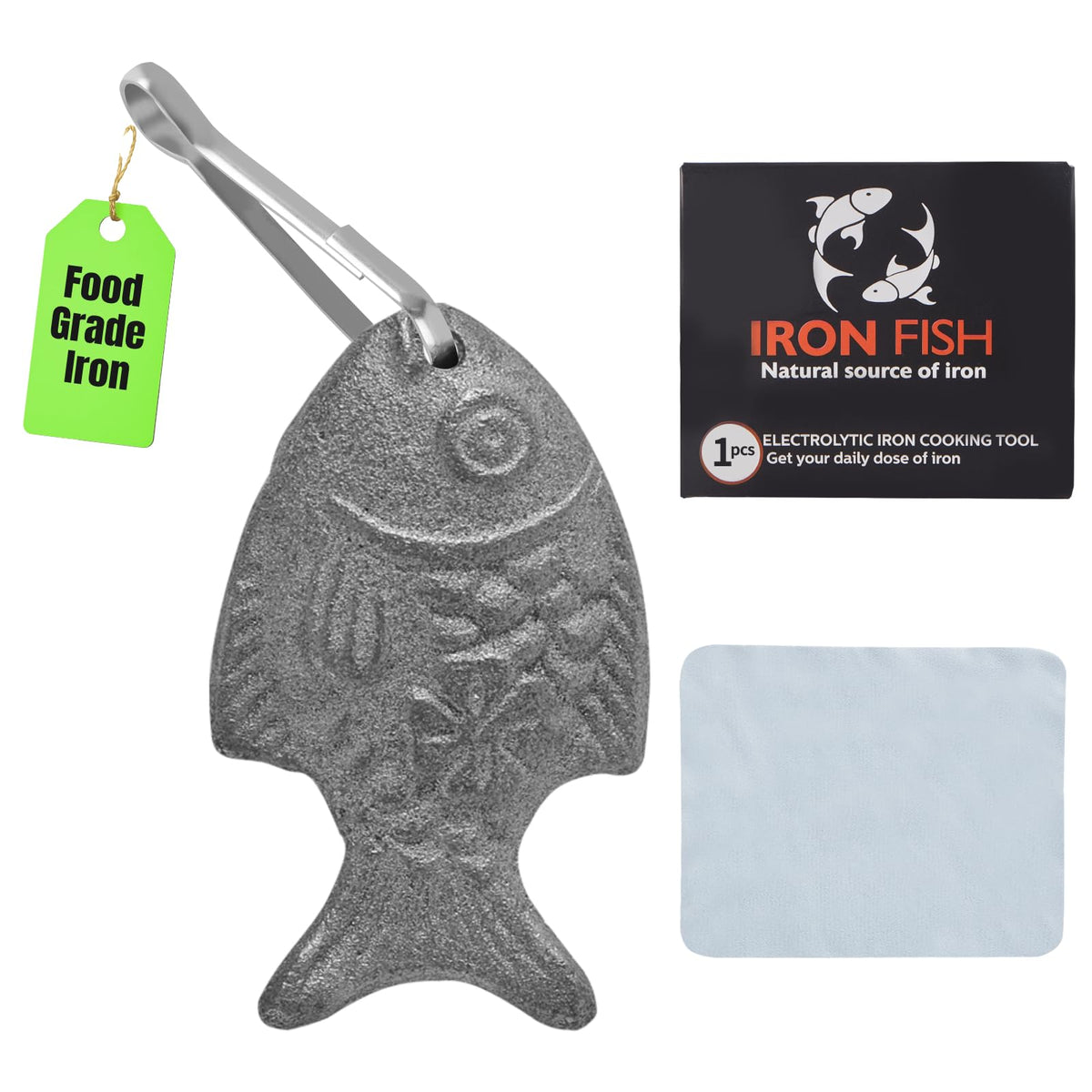 Awaiymi iron fish with hooks and dry cloth for rust prevention and long-lasting use.