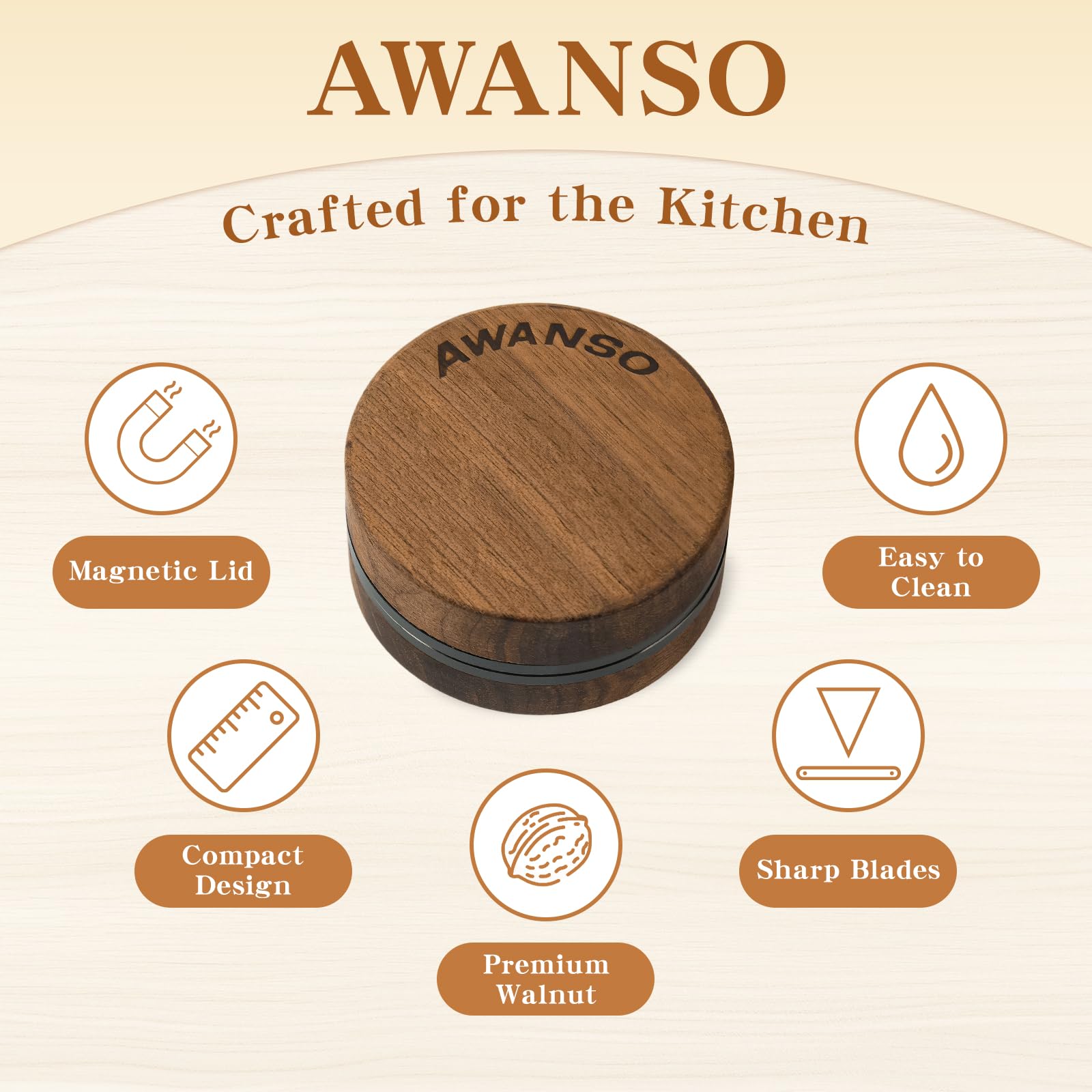 Awanso easy-clean grinder two-piece design for fast maintenance.