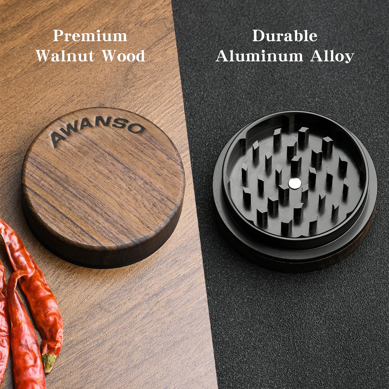 Awanso walnut wood grinder ergonomic grip for comfortable daily use.